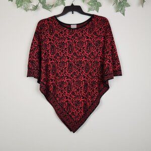 Chico’s Size L/XL Black Red Paisley Sweater Knit Stretch Triangle Poncho
